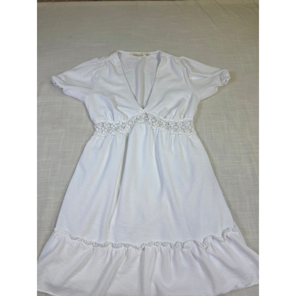 Liberty Love White Crochet Lace Empire Waist Mini Dress Short Puff Sleeve L